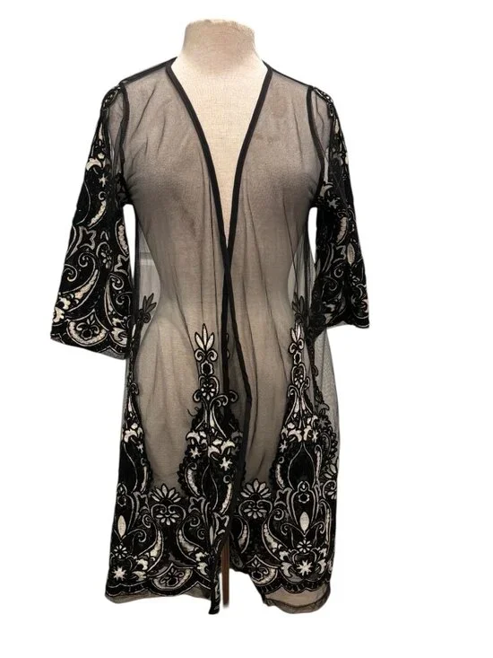 Mechant Sheer Lace Kimono Duster S Black Mesh Embroidered Boho Layer - Picture 2 of 8